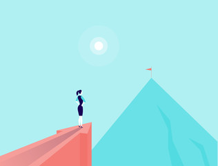 Vector business concept illustration with business lady standing on big arrow pointing on mountain peak. Office woman watching at new top. New aim, goal, purpose, achievement, aspiration - metaphor.