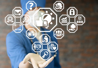 Medical Good Idea. Goodea Medicine. Creative Excellent Ideas Healthcare concept. Doctor offers bulb thumb up icon on a virtual screen.