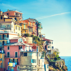 Fototapeta na wymiar Manarola Italy, a city along the Cinque Terre on the Mediterranean Sea