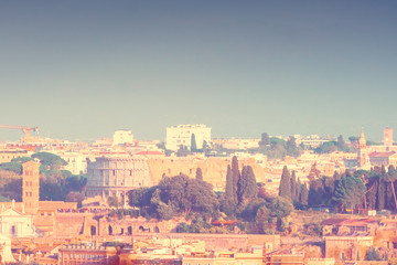 Rome rooftop view with ancient architecture in Italy. Toned