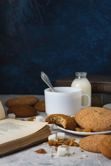 Oatmeal cookies of manual work, Books, Oatmeal Flakes, Cup of Coffee with Milk, Raisins on a light background. Breakfast Concept