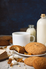 Oatmeal cookies, Books, Oatmeal Flakes, Cup of Coffee with Milk, Raisins on a light background. The concept of Good Morning and Breakfast