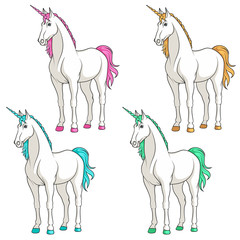 Set of colored multi-colored unicorns. Isolated vector objects on white background.