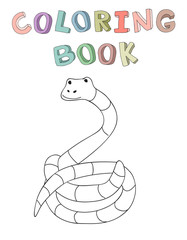 Cute cartoon snake character, contour vector illustration for coloring book in simple style. Isolated on white background.