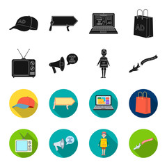 TV, megaphone, a man with a poster, an airplane with a banner.Advertising,set collection icons in black,flet style vector symbol stock illustration web. © pandavector
