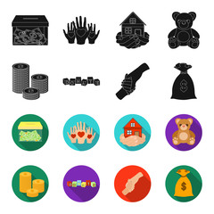 A pile of coins for donations, colored cubes with an inscription, a handshake, a bag of money for donations. Charity and donation set collection icons in black,flet style vector symbol stock © pandavector