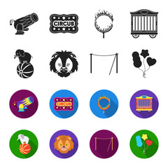 Elephant on the ball, circus lion, crossbeam, balls.Circus set collection icons in black,flet style vector symbol stock illustration web. © pandavector
