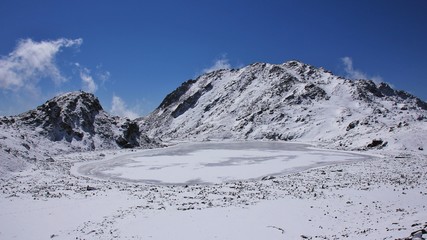Fototapeta na wymiar View from the Laurebina La mountain pass. Frozen lake Suryakunda, Nepal. New snow on a spring day.