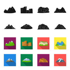 Mountains in the desert, a snowy peak, an island with a glacier, a snow-capped mountain. Different mountains set collection icons in black,flet style vector symbol stock illustration web. © pandavector