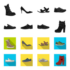 A set of icons on a variety of shoes.Different shoes single icon in black,flet style vector web symbol stock illustration. © pandavector