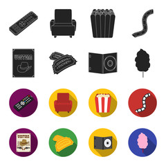 Western cinema, tickets, sweet cotton wool, film on DVD.Filmy and cinema set collection icons in black,flet style vector symbol stock illustration web. © pandavector
