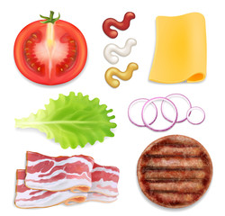 Burger ingredients. Burger parts set. Bacon, chees, tomato, salad