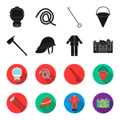 Ax, helmet, uniform, burning building. Fire departmentset set collection icons in black,flet style vector symbol stock illustration web. © pandavector