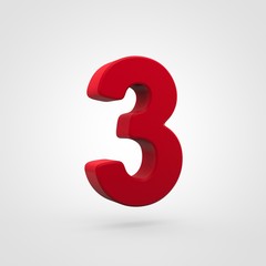 Plastic red number 3 isolated on white background.