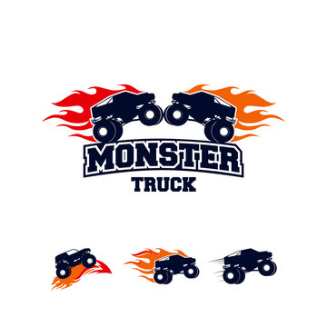 Extreme Monster Truck Logo, Extreme Monster Truck With Fire Flame Logo Template