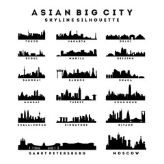 Collection of Asian Big City Skyline Silhouette Vector