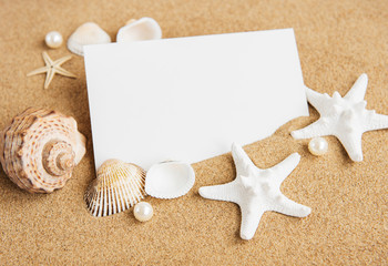 Fototapeta na wymiar Shells, seastars and an blank postcard