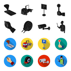 Car alarm, wheel rim, security camera, parking assistant. Parking zone set collection icons in black,flet style vector symbol stock illustration web. © pandavector