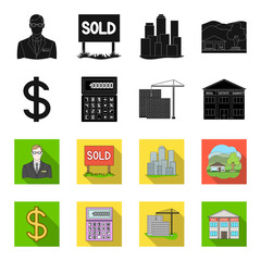 Calculator, dollar sign, new building, real estate offices. Realtor set collection icons in black,flet style vector symbol stock illustration web. © pandavector