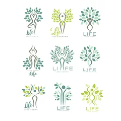 Foto op Canvas Healthy life logo for wellness center, spa salon or yoga studio. Harmony with nature. Set of flat vector emblems with abstract human silhouettes and leaves © topvectors