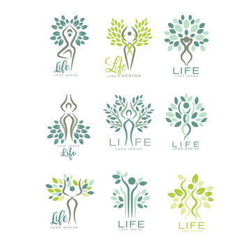 Healthy life logo for wellness center, spa salon or yoga studio. Harmony with nature. Set of flat vector emblems with abstract human silhouettes and leaves