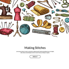 Vector hand drawn sewing elements background illustration