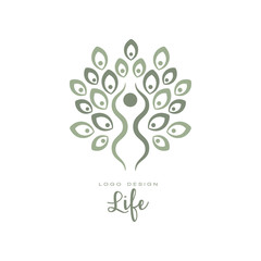 Original life logo template with leaves and human silhouette. Vector design for natural product label or business insignia. Healthy lifestyle