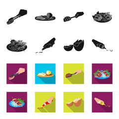 Shish kebab with vegetables, ketchup and mustard, seasoning for food, broken egg. Food and Cooking set collection icons in black,flet style vector symbol stock illustration web. © pandavector