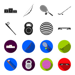 A bat with a ball for baseball, a weight for muscles, a ball for playing, a bench for fitness. Sport set collection icons in black,flet style vector symbol stock illustration web. © pandavector