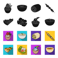 Piece of vegetarian pizza with tomatoes, lettuce leaves with mushrooms, blueberry cake, vegetarian soup with greens. Vegetarian dishes set collection icons in black,flet style vector symbol stock © pandavector