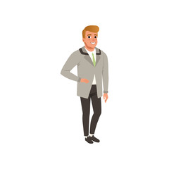 Cheerful young man in fashion elegant clothes vector Illustration on a white background