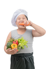 obese boy chef eating carrot isolated