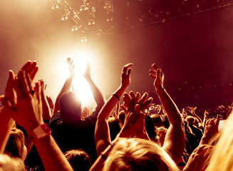 concert crowd in front of bright stage lights