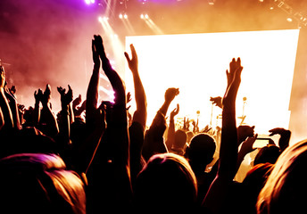 concert crowd in front of bright stage lights