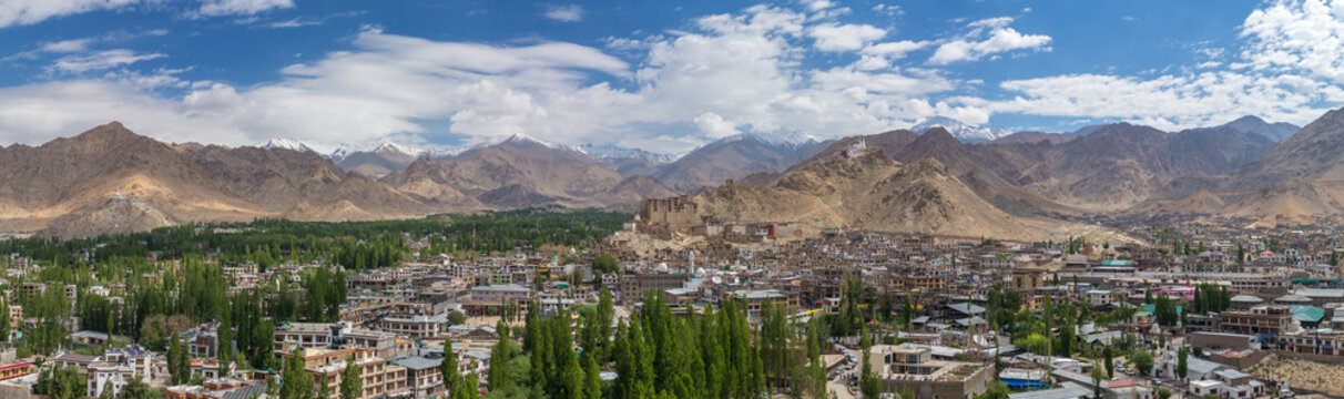 Beautiful panorama of Leh city and green Indus valley with the Leh palace in the middle, Jammu and Kashmir, India.