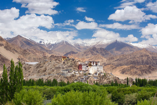 Spituk Monastery with view of Himalayas mountains. Spituk Gompa is a famous Buddhist temple in Ladakh, Jammu and Kashmir, India.