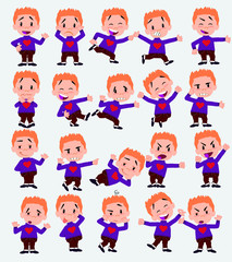 Cartoon character white boy with a heart pullover. Set with different postures, attitudes and poses, doing different activities in isolated vector illustrations.