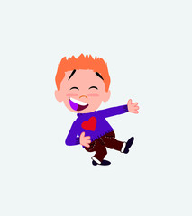 White boy with a heart pullover laughing while teaching something to his left. 