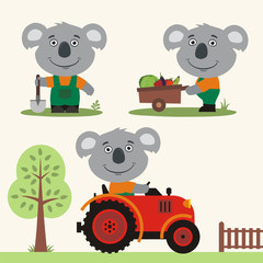 Set of funny koala farmer with shovel, with wheelbarrow with vegetables, in farm tractor. Collection of koala is working on the farm. © coolpay