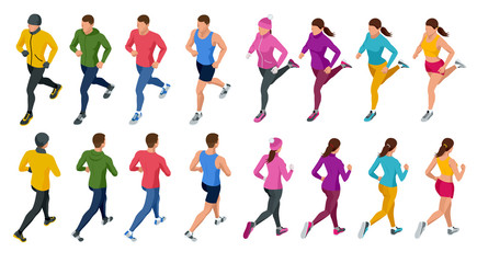 Isometric running people. Front and rear view. People are dressed in summer, winter, autumn, spring sports uniform