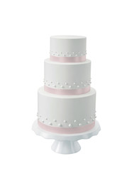 White wedding cake on a porcelain stand with  clipping path