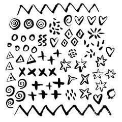Hand drawn paint grunge brush geometrical elements. Hand sketched design ink shapes isolated on white background. Doodle vector decorative illustration.