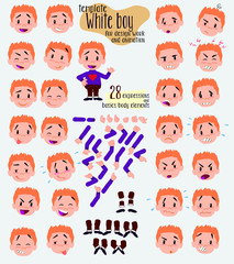 Naklejka premium White boy with a heart pullover. Twenty eight expressions and basics body elements, template for design work and animation. Vector illustration to Isolated and funny cartoon character.