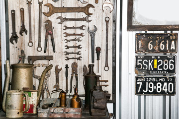 Workshop scene. Tools on the table and board At the garage