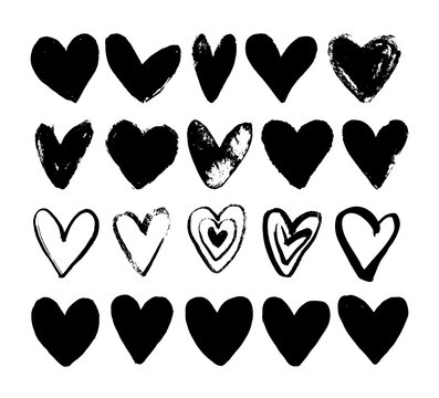 Hand drawn paint grunge brush hearts. Hand sketched design ink elements isolated on white background. Doodle vector decorative illustration.