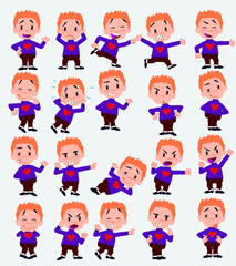 Cartoon character white boy with a heart pullover. Set with different postures, attitudes and poses, doing different activities in isolated vector illustrations.