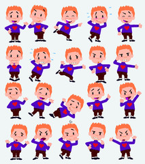 Cartoon character white boy with a heart pullover. Set with different postures, attitudes and poses, doing different activities in isolated vector illustrations.