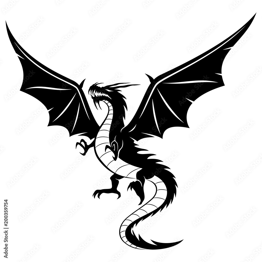 Canvas Prints Sign of a black dragon on a white background.