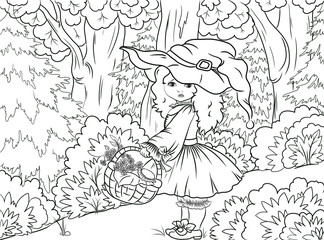 Black and white illustration (coloring): Little Red Riding Hood walking through the forest