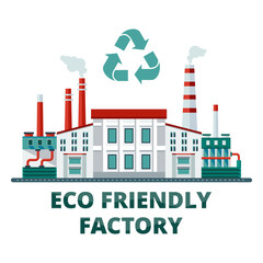 Environmentally friendly business. Factory and industrial production with care for the environment. Flat vector cartoon illustration. Objects isolated on white background.